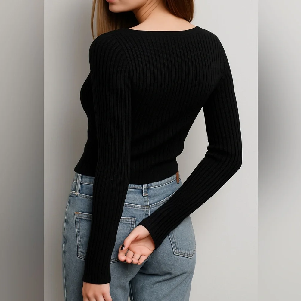 🆕House of Harlow 1960 Black Ribbed Wool Cashmere Cropped Knit Sweater Top Medium - Picture 1 of 16